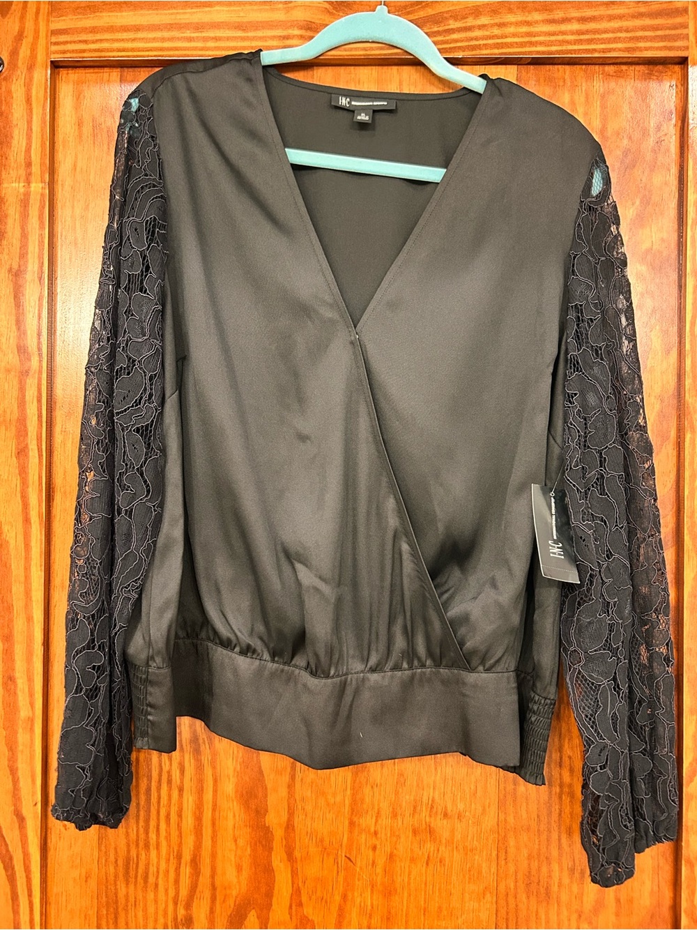 INC International Concepts Black Lace-Sleeve Wrap Blouse
